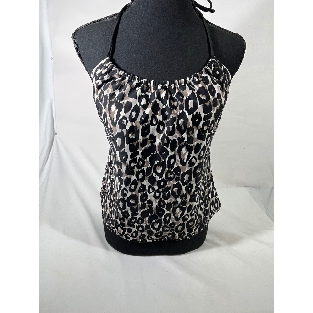 Merona Leopard Print Halter Tankini Top Women M Black Gray Tan Vacay Resort Swim